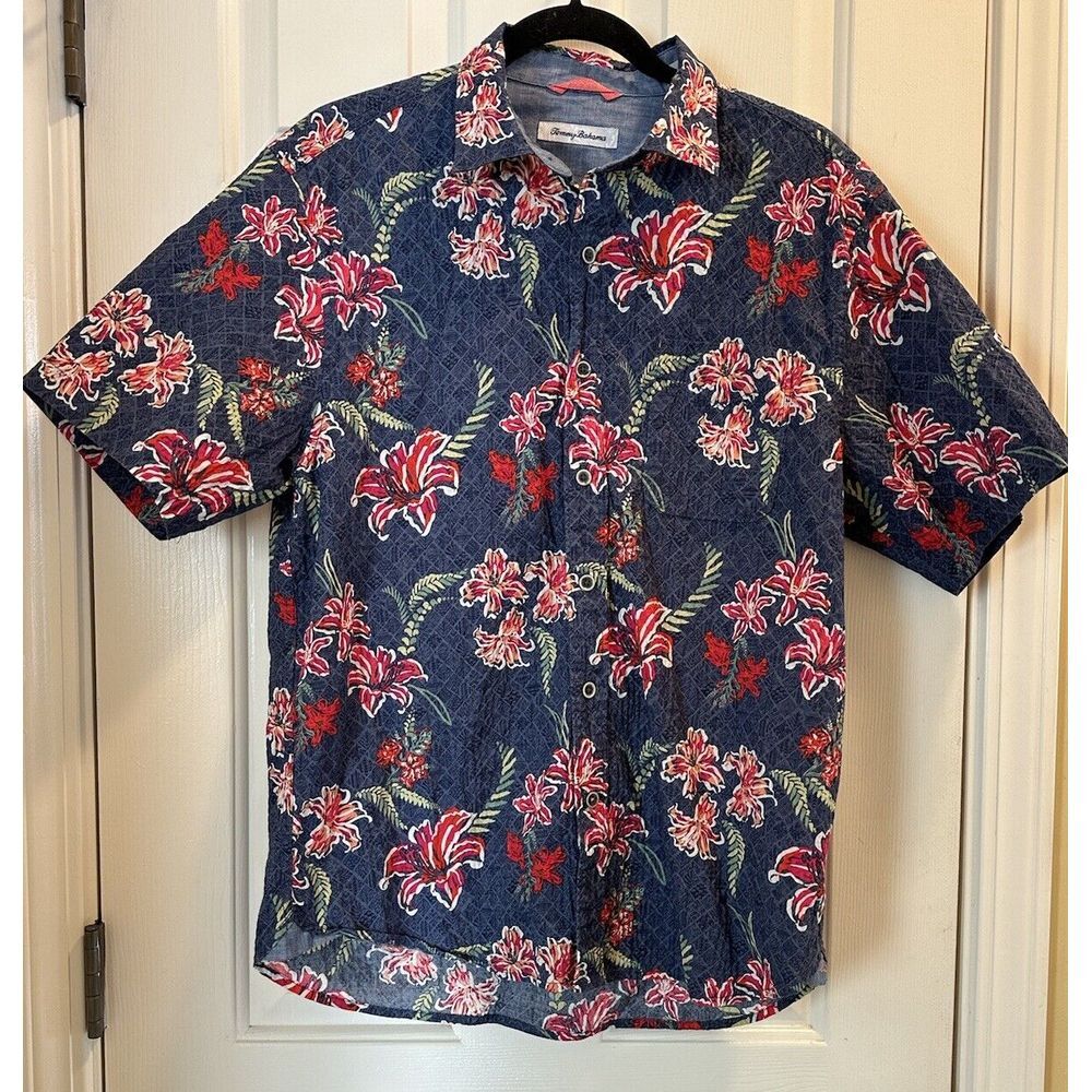 Tommy Bahama‎ Mens size M Blue/Red Hibiscus Floral Camp Shirt Short Sleeve